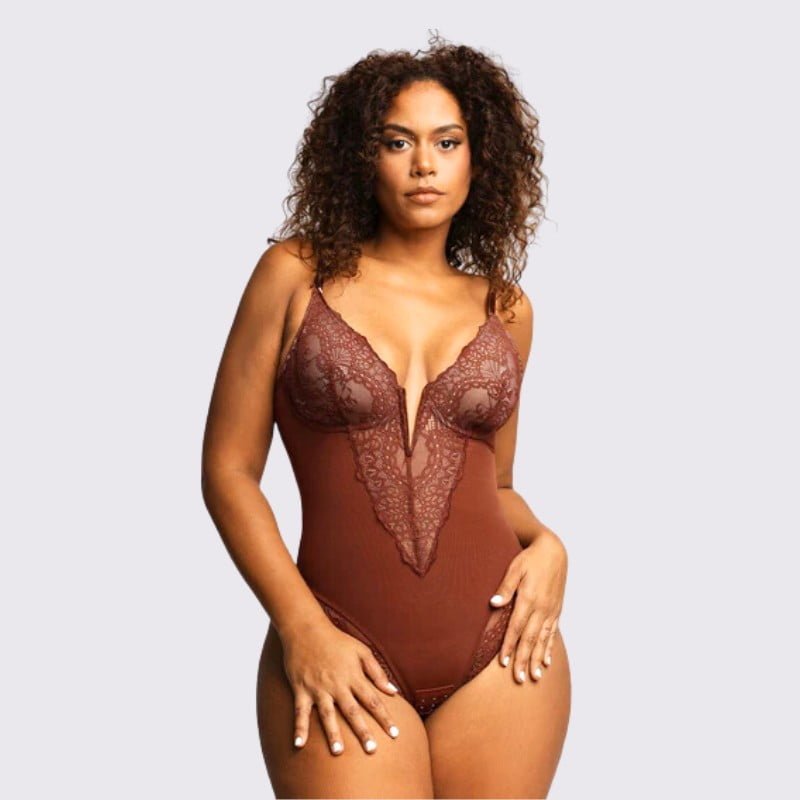 Lace Deep-V Neck Bodysuits - Brown and Coral Red